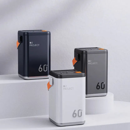 60000mAh outdoor power bank with plastic casing and aluminium-shell battery in grey, pink, blue, or white colours