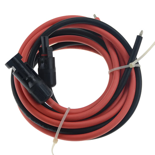 Single-core MC4 solar extension cable with black or red sheath, shown in various lengths for panel connection.