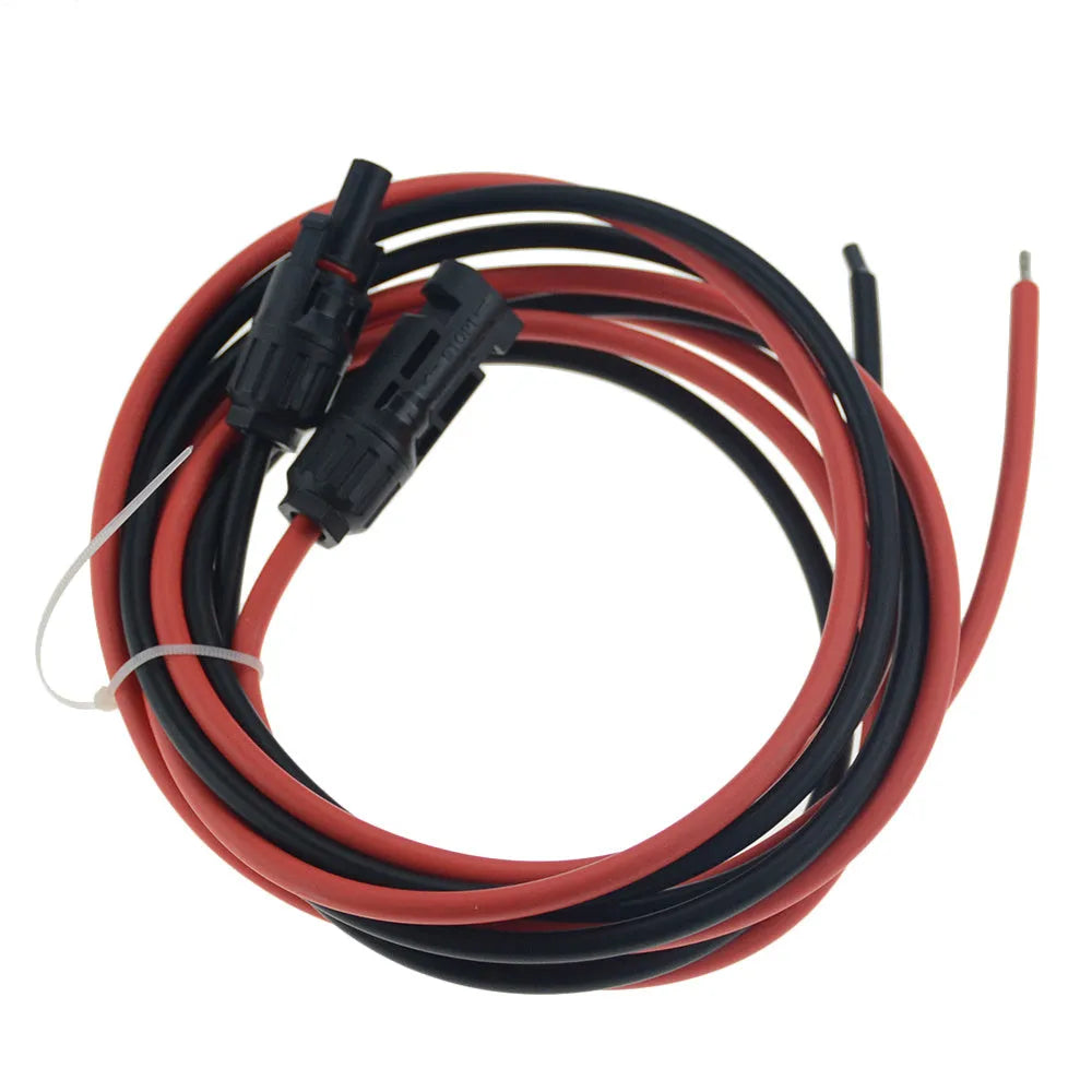 Single-core MC4 solar extension cable with black or red sheath, shown in various lengths for panel connection.