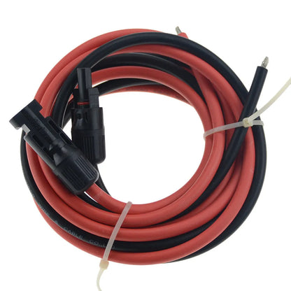 Single-core MC4 solar extension cable with black or red sheath, shown in various lengths for panel connection.
