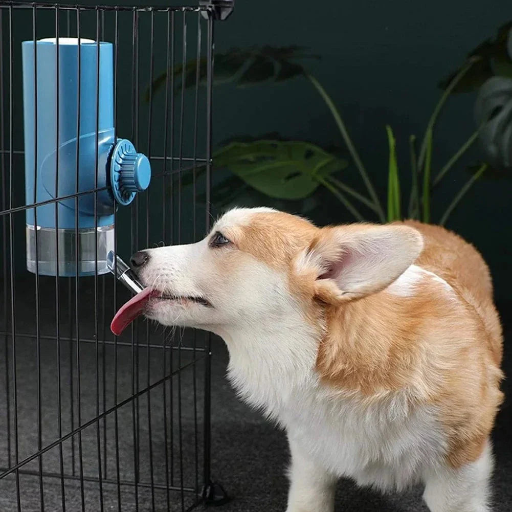Hanging pet water dispenser with 360-degree rotation adjustment, available in blue, sky blue, pink, and white colors with 500ml or 700ml capacity
