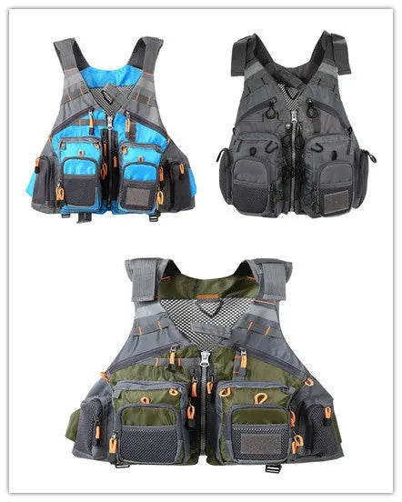 Fishing life jacket with removable EPE foam inserts, 10 pockets, adjustable straps, and reflective panels for water safety