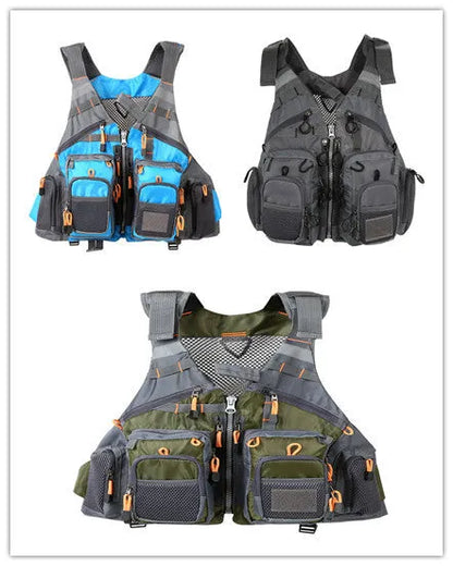 Fishing life jacket with removable EPE foam inserts, 10 pockets, adjustable straps, and reflective panels for water safety