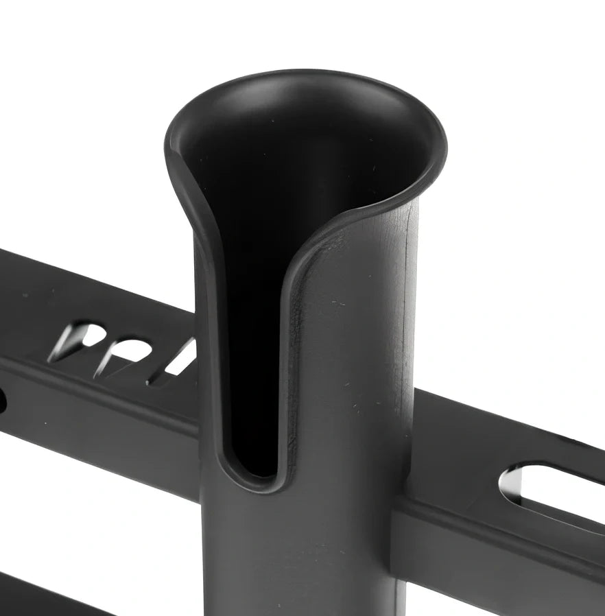 Black three-barrel plastic fishing rod holder mounted on boat, 330x280x70mm, polypropylene construction for saltwater use