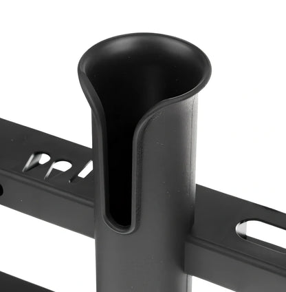 Black three-barrel plastic fishing rod holder mounted on boat, 330x280x70mm, polypropylene construction for saltwater use