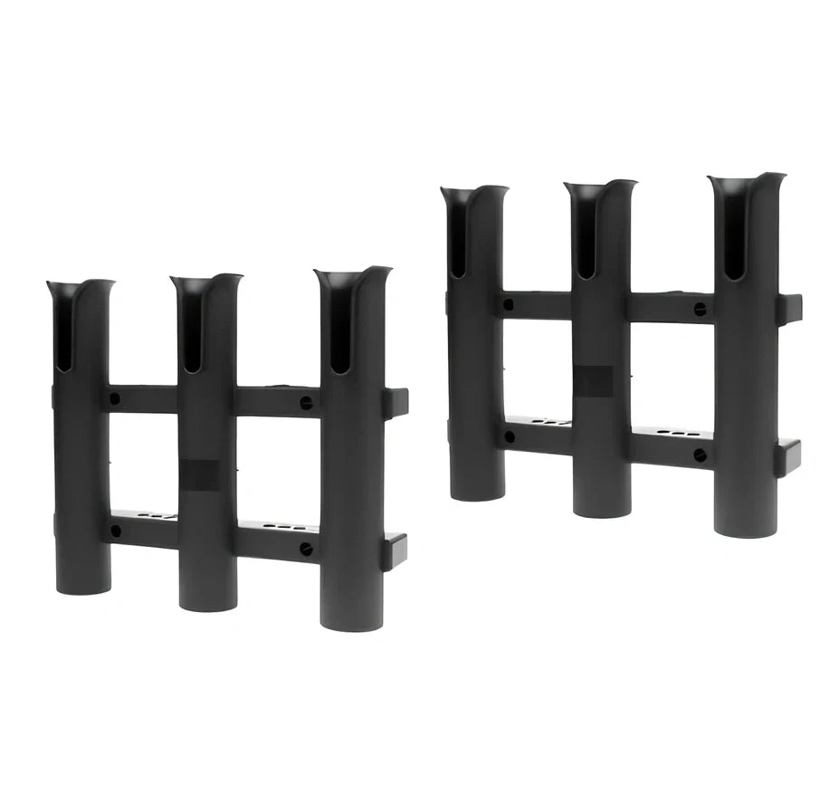 Black three-barrel plastic fishing rod holder mounted on boat, 330x280x70mm, polypropylene construction for saltwater use