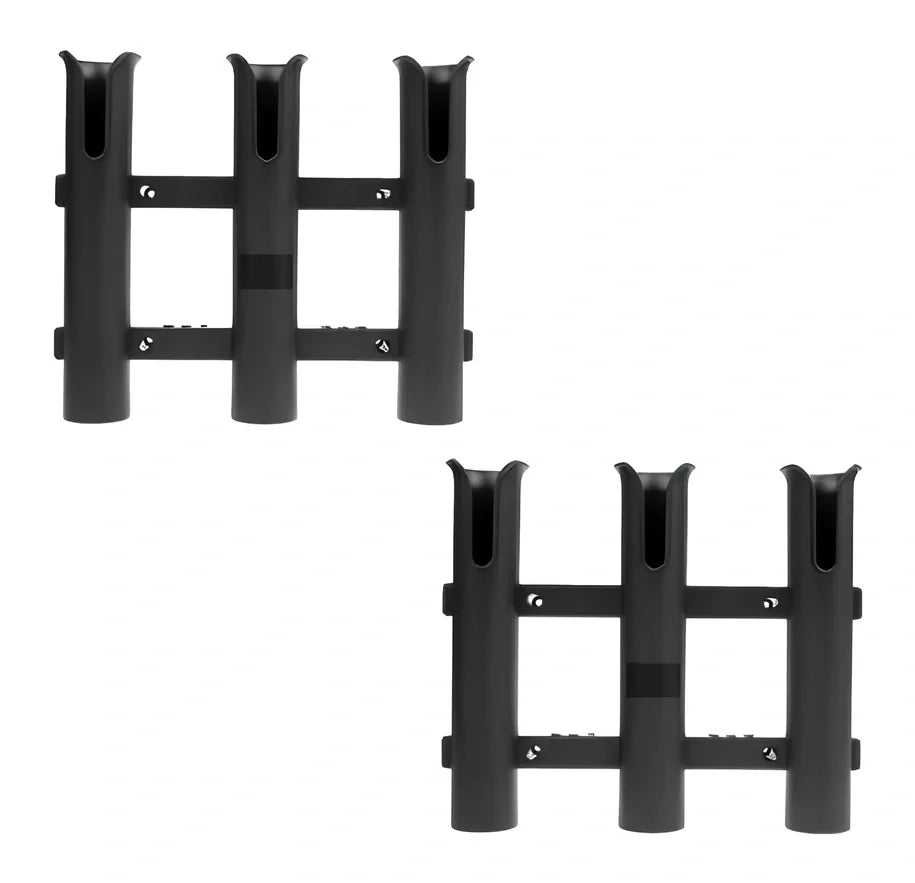 Black three-barrel plastic fishing rod holder mounted on boat, 330x280x70mm, polypropylene construction for saltwater use