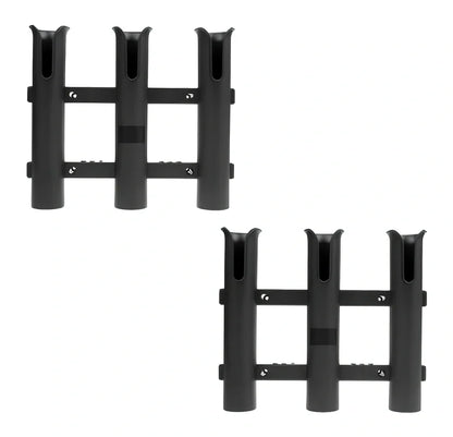 Black three-barrel plastic fishing rod holder mounted on boat, 330x280x70mm, polypropylene construction for saltwater use