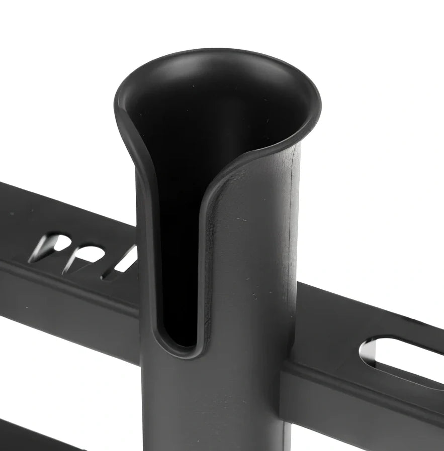 Black three-barrel plastic fishing rod holder mounted on boat, 330x280x70mm, polypropylene construction for saltwater use