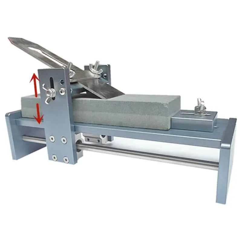 Fixed angle sharpening tool made of aluminium and stainless steel for sharpening woodworking chisels and planers.