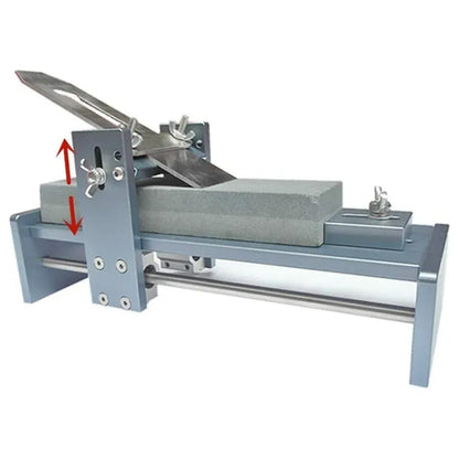Fixed angle sharpening tool made of aluminium and stainless steel for sharpening woodworking chisels and planers.