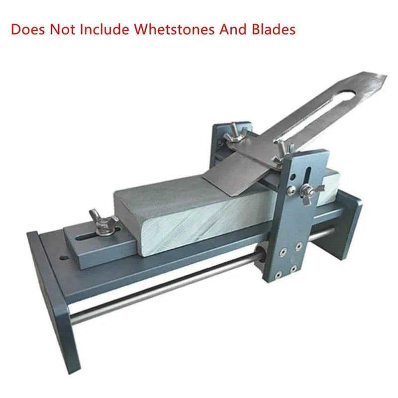 Fixed angle sharpening tool made of aluminium and stainless steel for sharpening woodworking chisels and planers.
