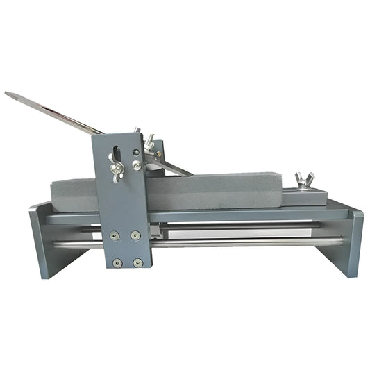 Fixed angle sharpening tool made of aluminium and stainless steel for sharpening woodworking chisels and planers.