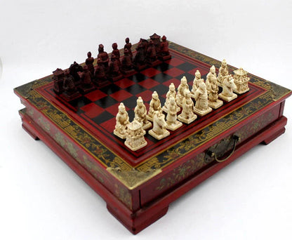 Handcrafted antique terracotta chess set with folding wooden board and detailed polymer resin pieces