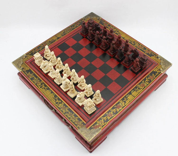 Handcrafted antique terracotta chess set with folding wooden board and detailed polymer resin pieces