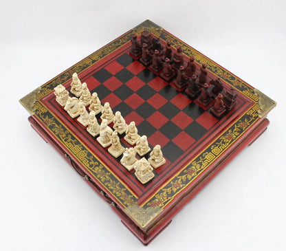 Handcrafted antique terracotta chess set with folding wooden board and detailed polymer resin pieces