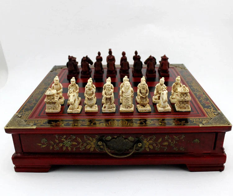 Handcrafted antique terracotta chess set with folding wooden board and detailed polymer resin pieces