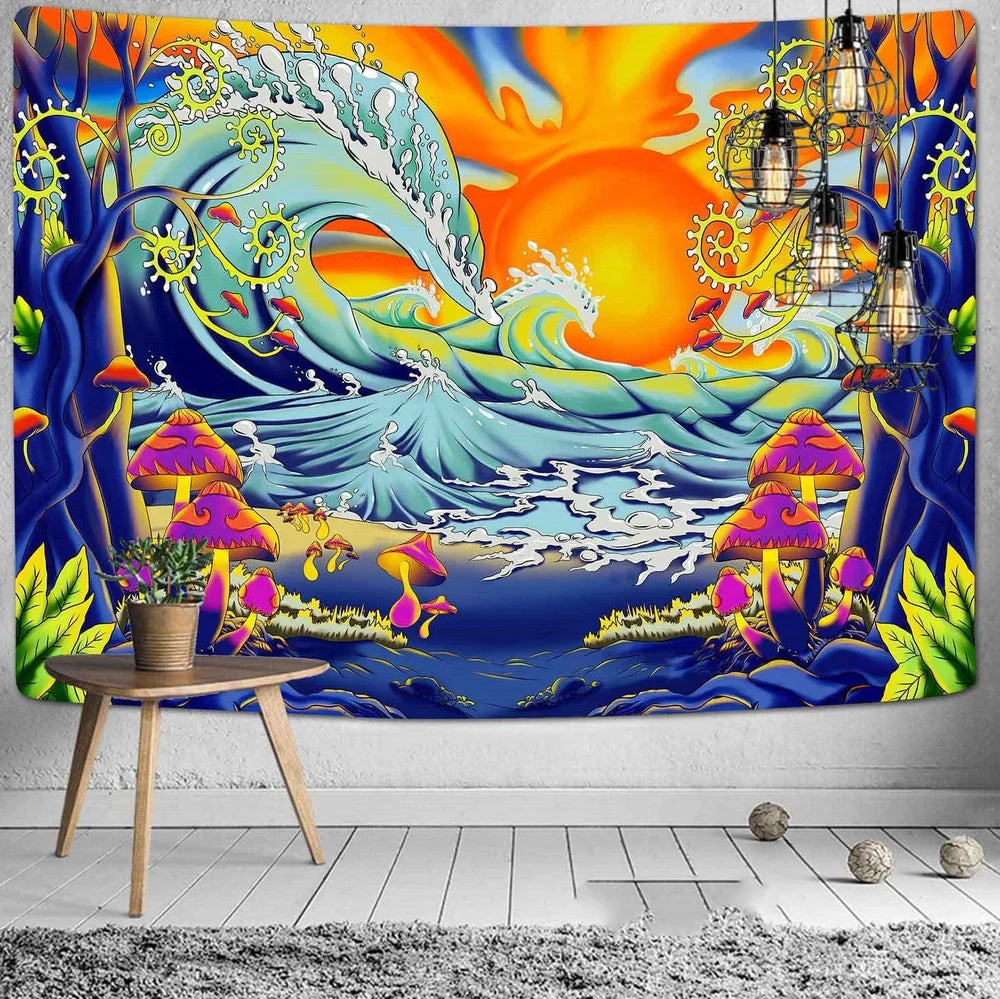 Polyester tapestry with 3D digital printing showing depth effect, available in 22 colours including army green and violet