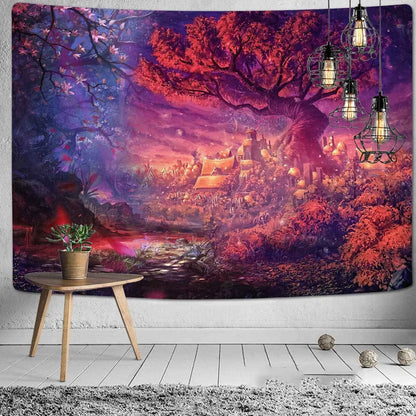 Polyester tapestry with 3D digital printing showing depth effect, available in 22 colours including army green and violet