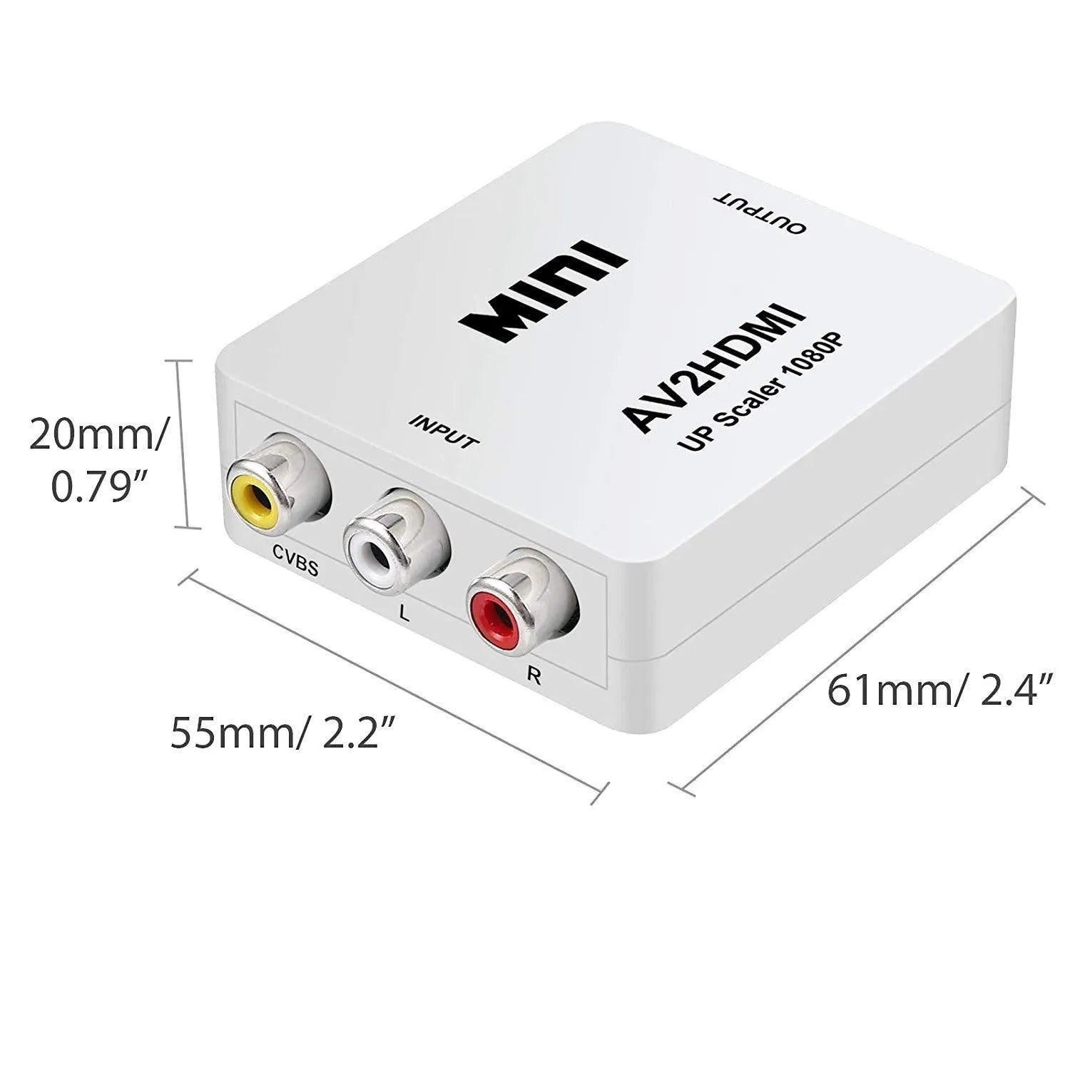 Small white AV to HDMI converter box with attached cable for connecting RCA devices to HDMI TVs.
