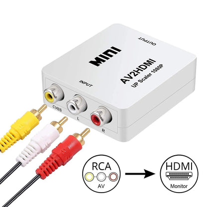 Small white AV to HDMI converter box with attached cable for connecting RCA devices to HDMI TVs.