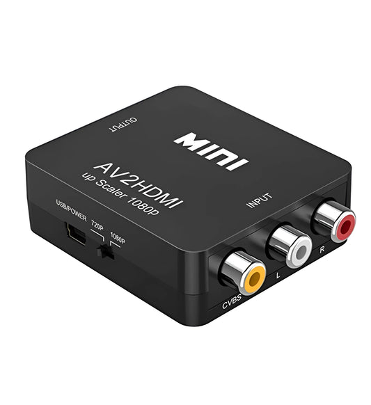 Small white AV to HDMI converter box with attached cable for connecting RCA devices to HDMI TVs.