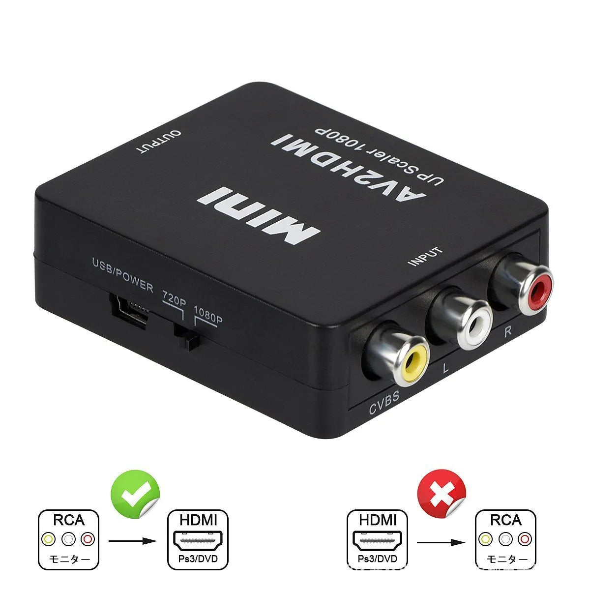 Small white AV to HDMI converter box with attached cable for connecting RCA devices to HDMI TVs.