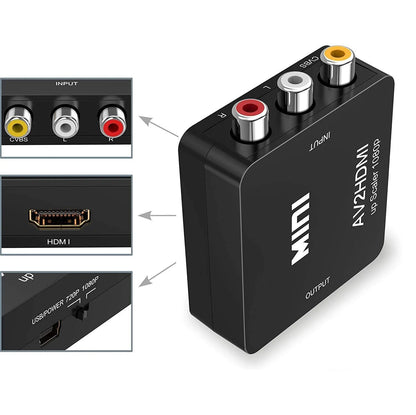 Small white AV to HDMI converter box with attached cable for connecting RCA devices to HDMI TVs.