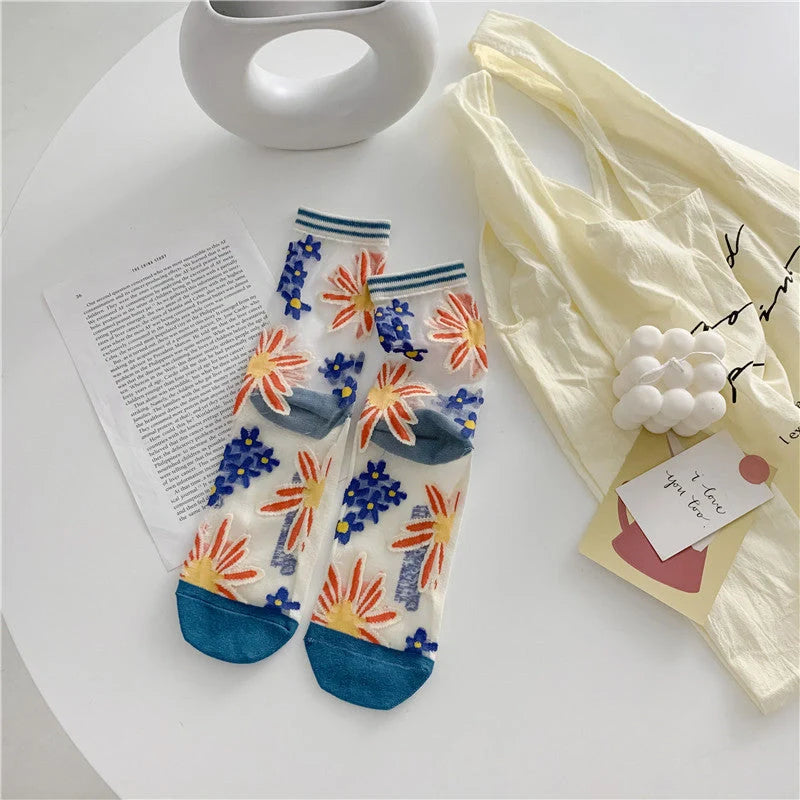 Vibrant retro breathable glass silk socks for women in summer colors