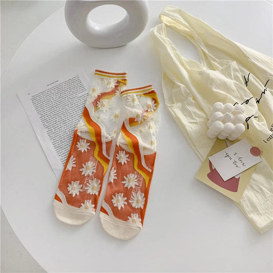 Vibrant retro breathable glass silk socks for women in summer colors