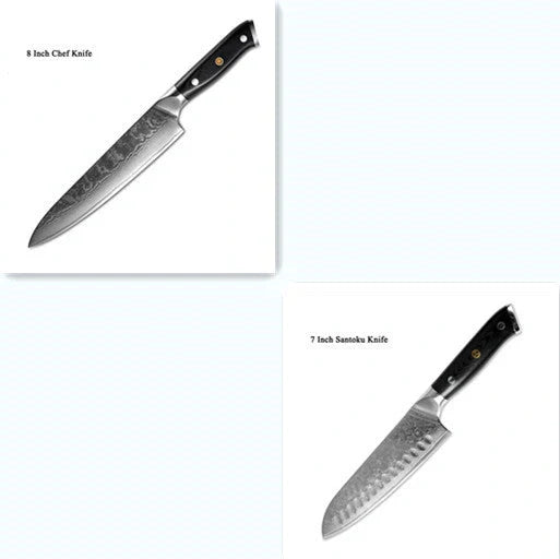 Japanese Damascus steel kitchen knife set with G10 handle, 67-layer blade