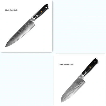 Japanese Damascus steel kitchen knife set with G10 handle, 67-layer blade