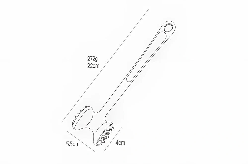 Zinc alloy meat hammer measuring 22x5.5cm for steak tenderising with flat pounding surface