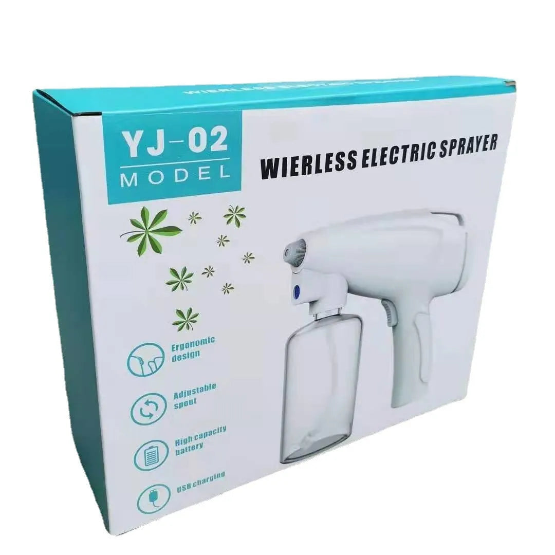 White cordless handheld electric spray gun with bottle, showing mist spray and USB Type-C charging port.