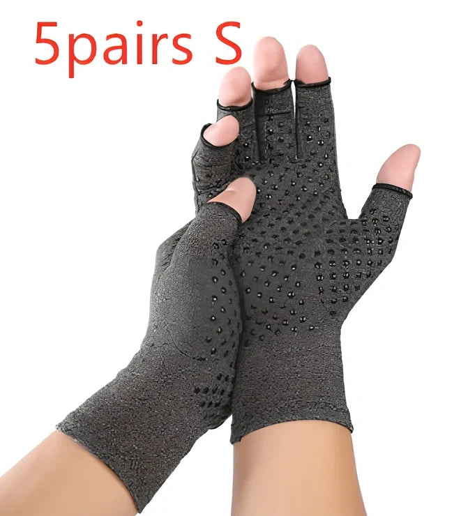 Breathable half-finger compression gloves showing exposed fingertips and adhesive grey section for joint support
