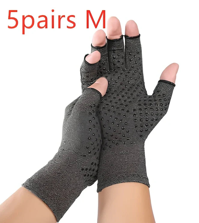 Breathable half-finger compression gloves showing exposed fingertips and adhesive grey section for joint support