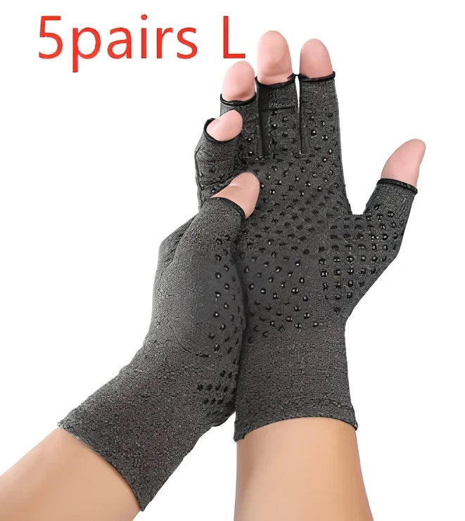 Breathable half-finger compression gloves showing exposed fingertips and adhesive grey section for joint support