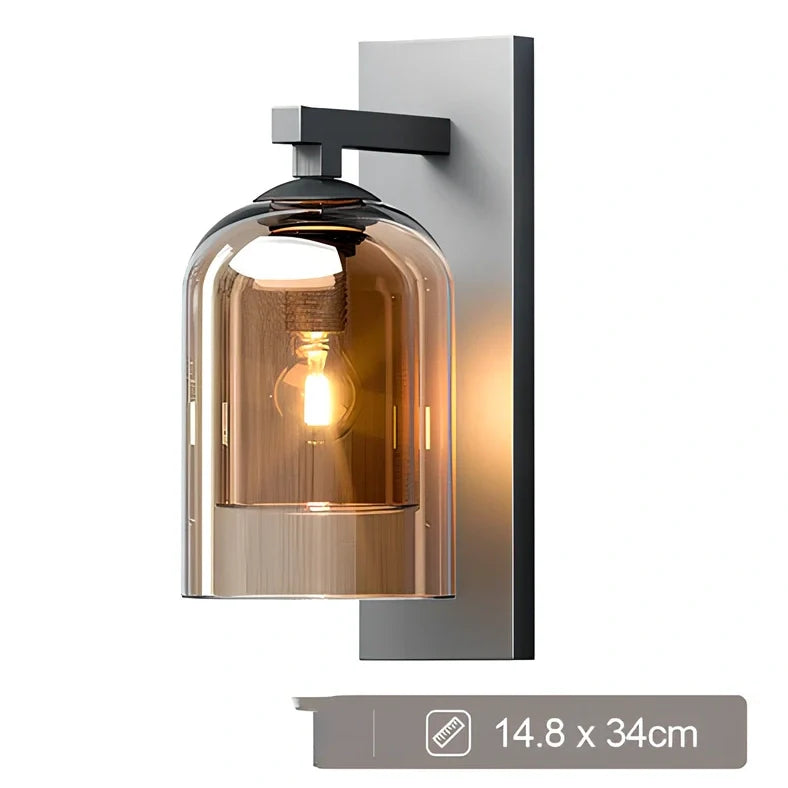 Nordic wall lamp with glass shade in amber colour, E27 holder, and compact 15 mm dimensions for wall mounting.