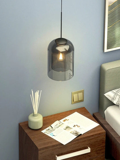 Nordic wall lamp with glass shade in amber colour, E27 holder, and compact 15 mm dimensions for wall mounting.