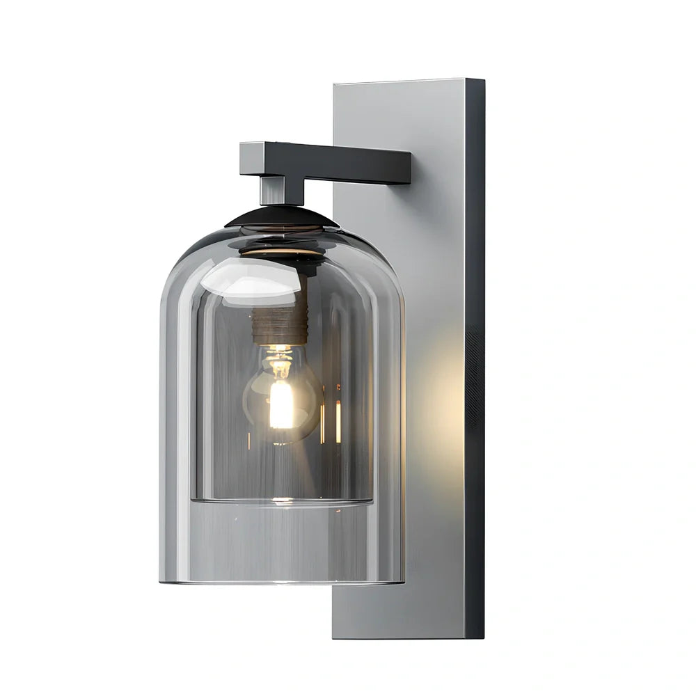 Nordic wall lamp with glass shade in amber colour, E27 holder, and compact 15 mm dimensions for wall mounting.