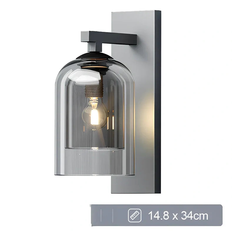 Nordic wall lamp with glass shade in amber colour, E27 holder, and compact 15 mm dimensions for wall mounting.