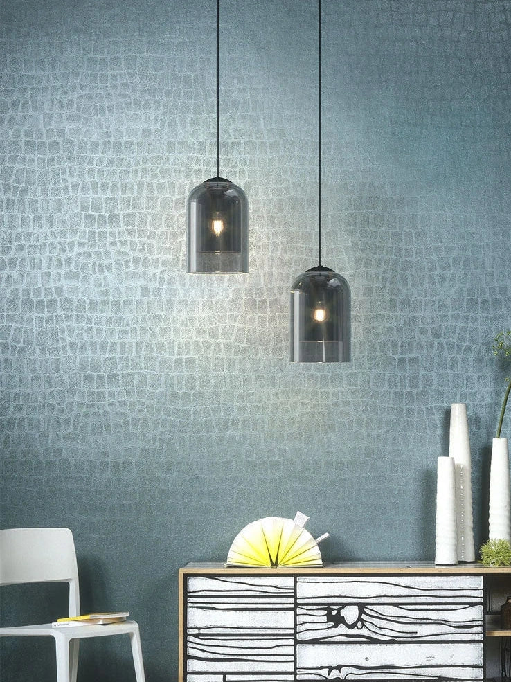 Nordic wall lamp with glass shade in amber colour, E27 holder, and compact 15 mm dimensions for wall mounting.