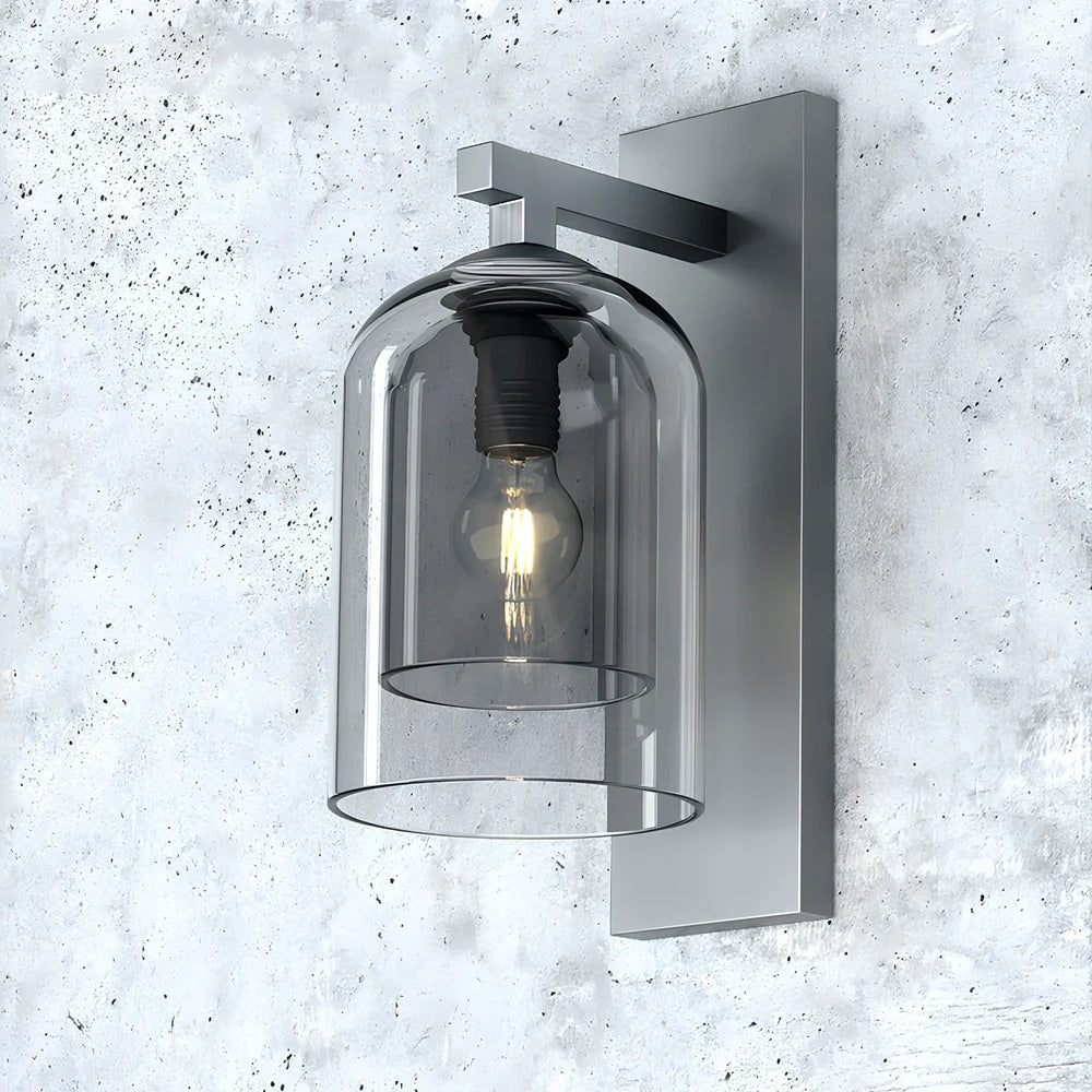 Nordic wall lamp with glass shade in amber colour, E27 holder, and compact 15 mm dimensions for wall mounting.