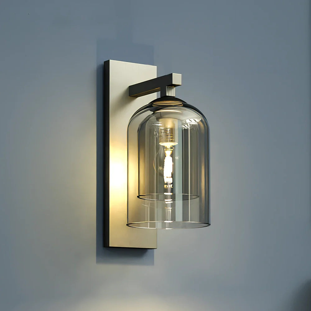 Nordic wall lamp with glass shade in amber colour, E27 holder, and compact 15 mm dimensions for wall mounting.
