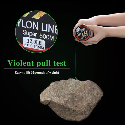 Sougayilang 500M Monofilament Fishing Line spool in blue, green, purple, and red options