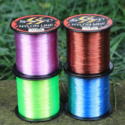 Sougayilang 500M Monofilament Fishing Line spool in blue, green, purple, and red options