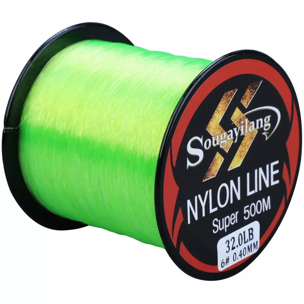 Sougayilang 500M Monofilament Fishing Line spool in blue, green, purple, and red options