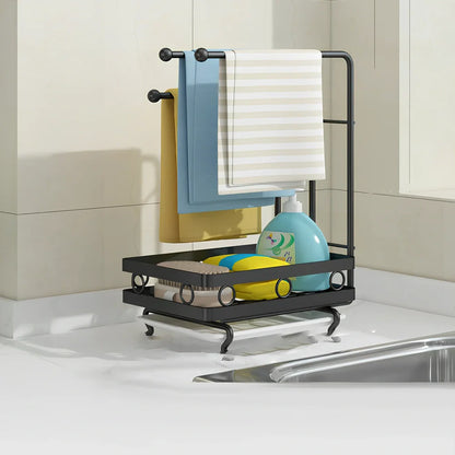 Black wall-mounted kitchen rag storage rack with 3 poles above sink