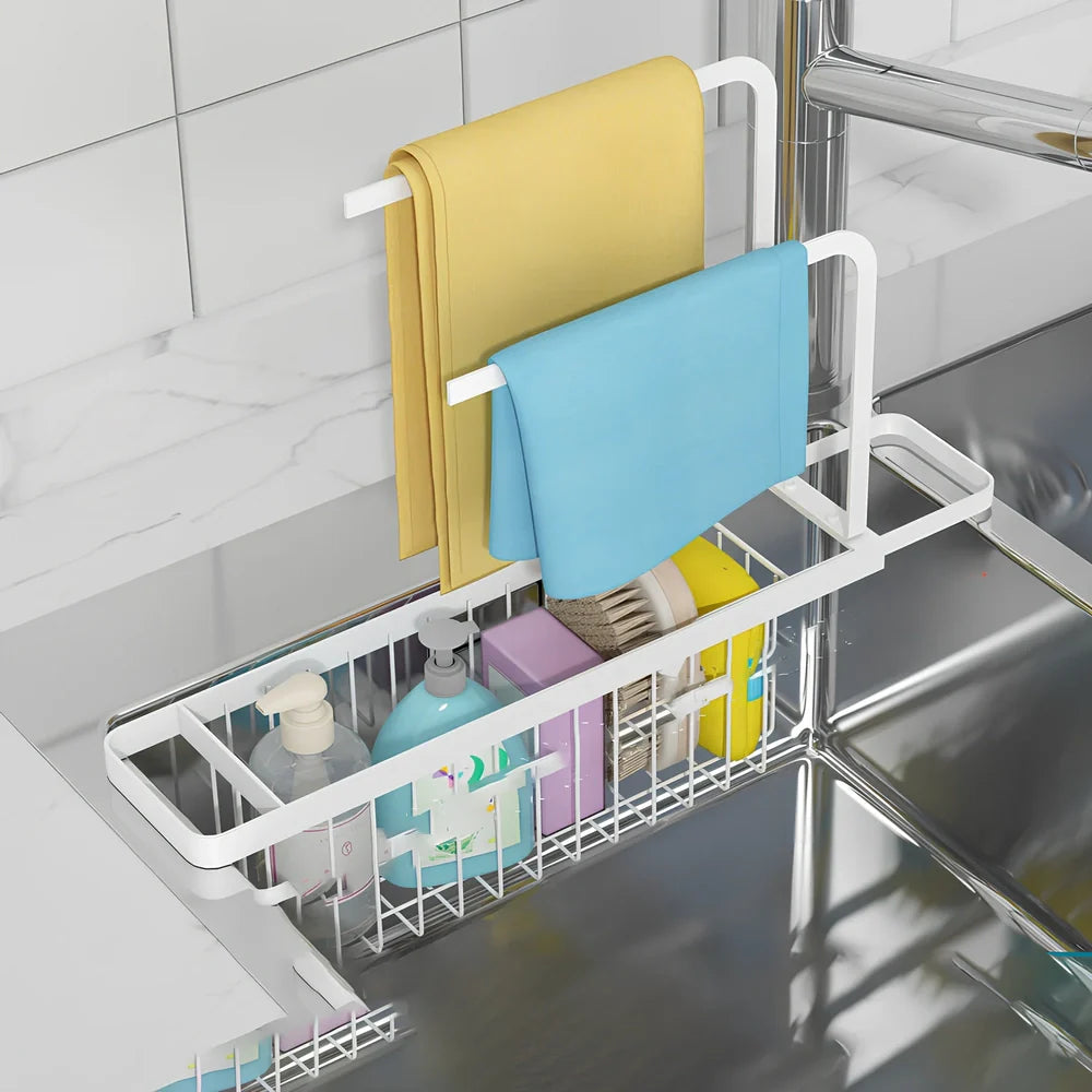 Black wall-mounted kitchen rag storage rack with 3 poles above sink