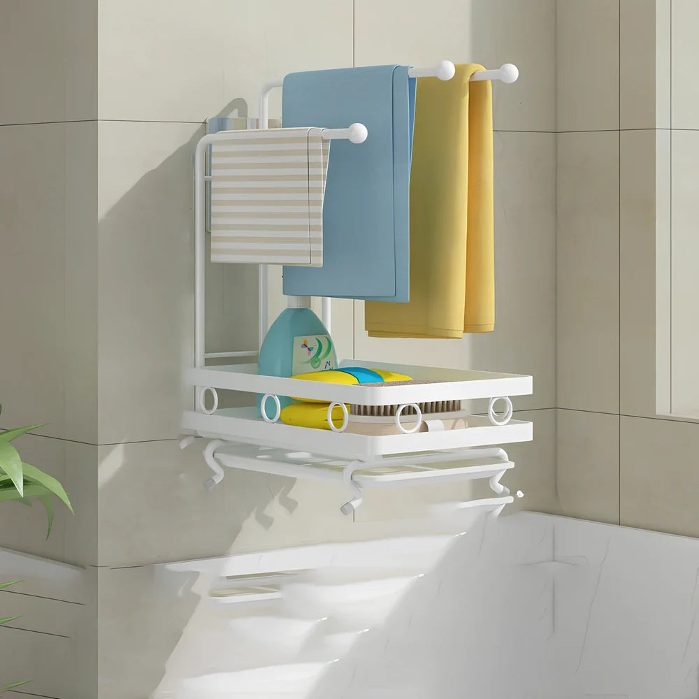 Black wall-mounted kitchen rag storage rack with 3 poles above sink